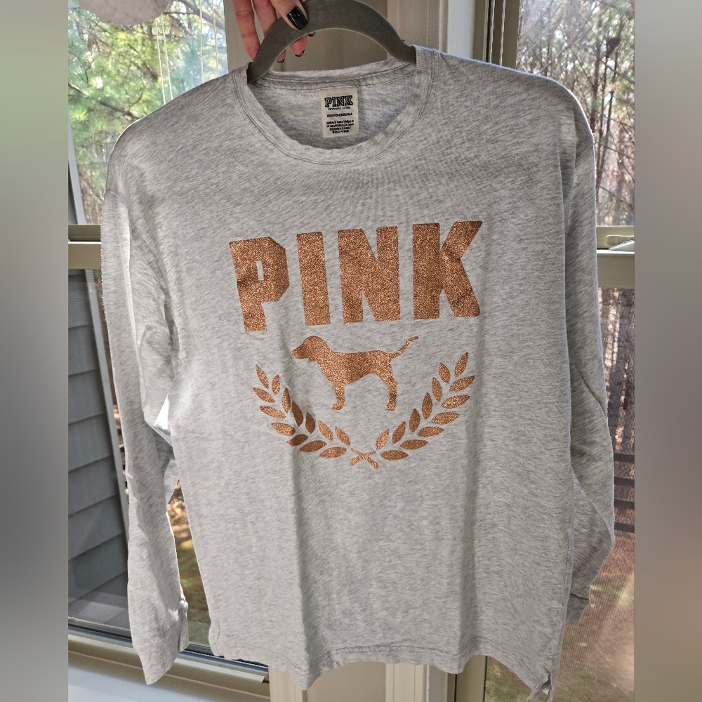 PINK Victoria's Secret Heather Gray Glitter Long Sleeve Size Small OVERSIZED